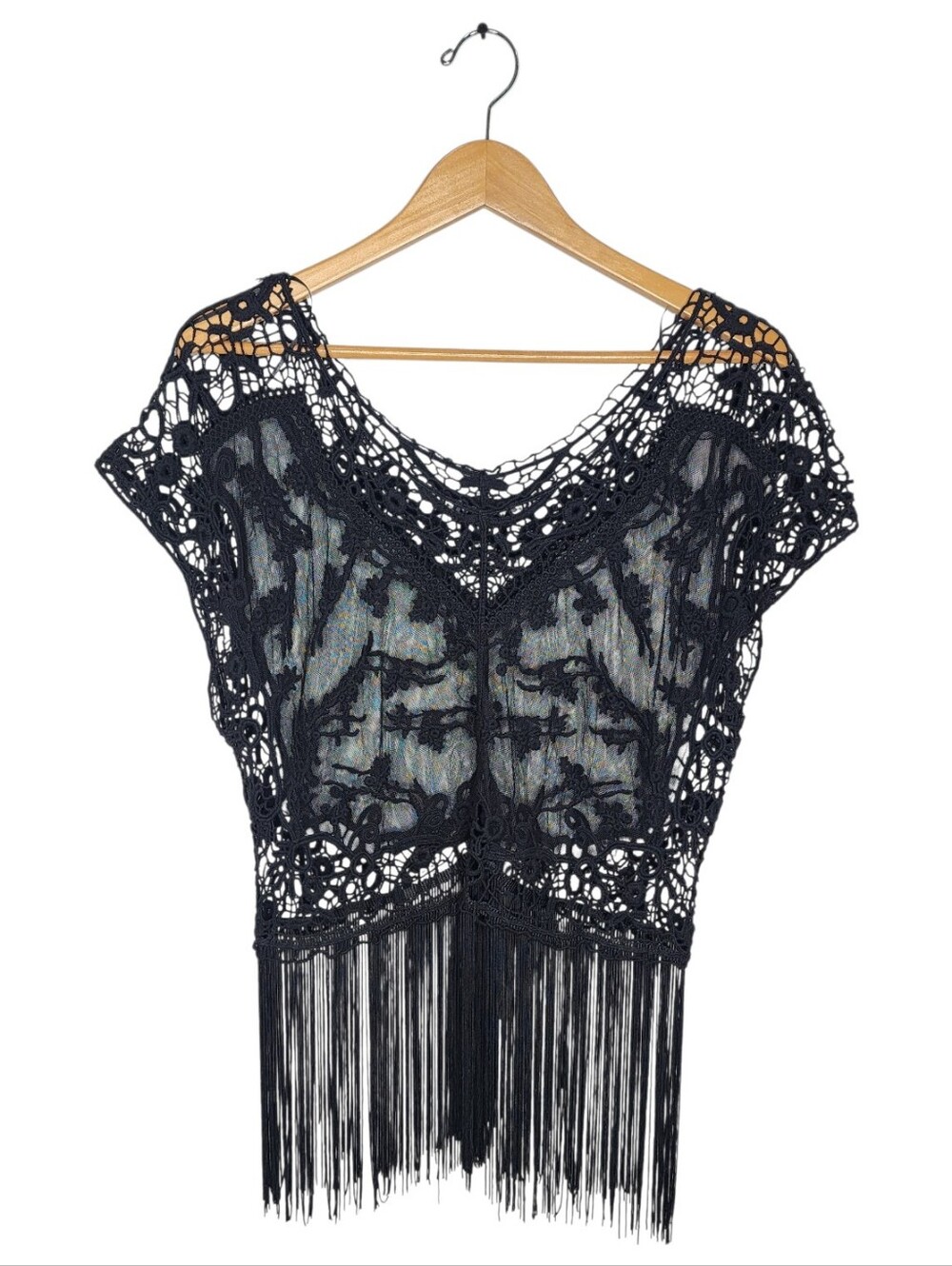 Black Crochet Lace Fringe Boho Festival Top Cover Up Size L